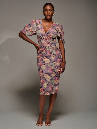 Print Mesh Angel Sleeve Bodycon Midi Dress, Purple Multi