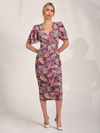 Print Mesh Angel Sleeve Bodycon Midi Dress, Purple Multi