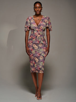 Print Mesh Angel Sleeve Bodycon Midi Dress, Purple Multi