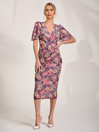 Print Mesh Angel Sleeve Bodycon Midi Dress, Purple Multi