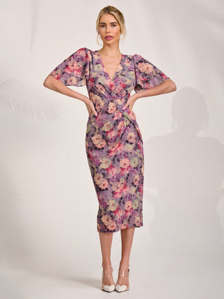 Print Mesh Angel Sleeve Bodycon Midi Dress, Purple Multi