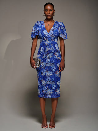 Angel Sleeve Mesh Bodycon Dress, Blue floral