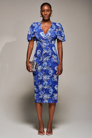 Angel Sleeve Mesh Bodycon Dress, Blue floral Jolie Moi Retail Angel Sleeve Mesh Bodycon Dress, Blue floral Jolie Moi Retail