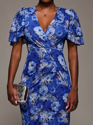 Angel Sleeve Mesh Bodycon Dress, Blue floral