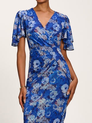 Angel Sleeve Mesh Bodycon Dress, Blue floral