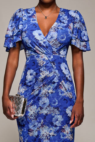 Angel Sleeve Mesh Bodycon Dress, Blue floral