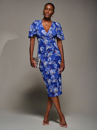 Angel Sleeve Mesh Bodycon Dress, Blue floral