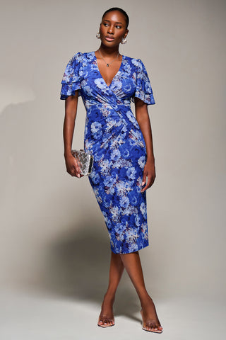 Angel Sleeve Mesh Bodycon Dress, Blue floral