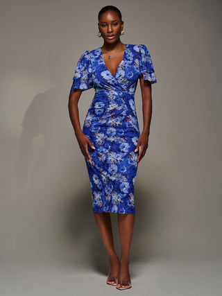 Angel Sleeve Mesh Bodycon Dress, Blue floral