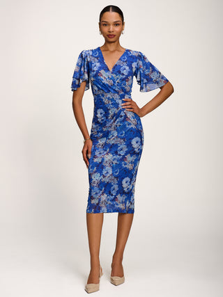 Angel Sleeve Mesh Bodycon Dress, Blue floral