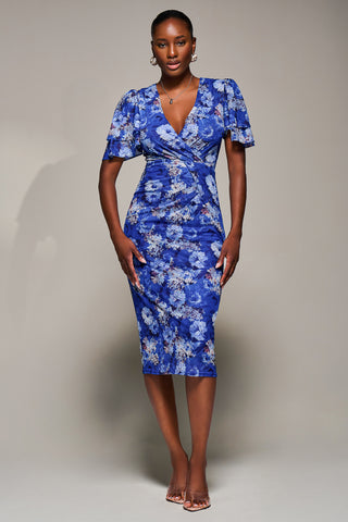 Angel Sleeve Mesh Bodycon Dress, Blue floral Jolie Moi Retail Angel Sleeve Mesh Bodycon Dress, Blue floral Jolie Moi Retail