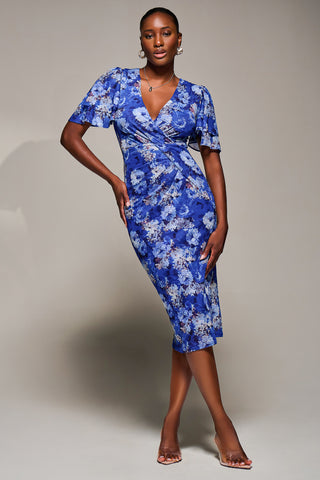 Angel Sleeve Mesh Bodycon Dress, Blue floral