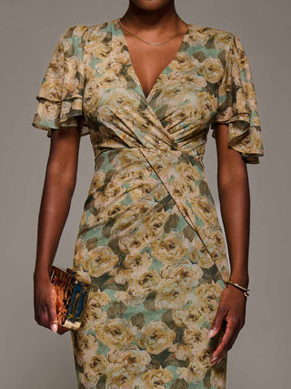 Angel Sleeve Mesh Bodycon Dress, Green Abstract