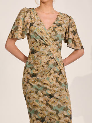 Angel Sleeve Mesh Bodycon Dress, Green Abstract