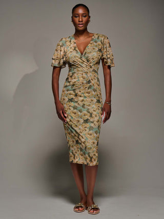 Angel Sleeve Mesh Bodycon Dress, Green Abstract