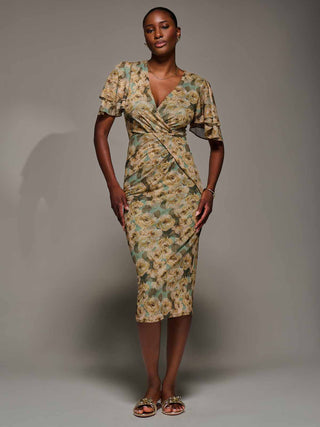 Angel Sleeve Mesh Bodycon Dress, Green Abstract