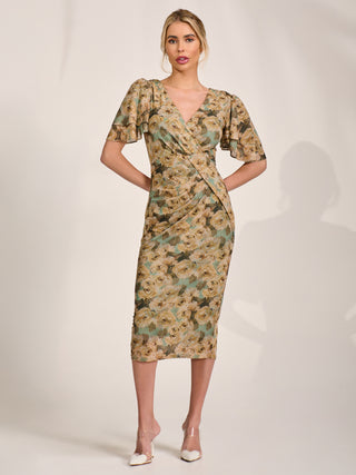 Angel Sleeve Mesh Bodycon Dress, Green Abstract