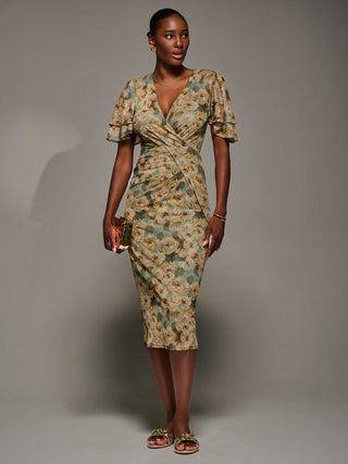 Angel Sleeve Mesh Bodycon Dress, Green Abstract