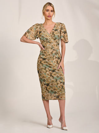 Angel Sleeve Mesh Bodycon Dress, Green Abstract