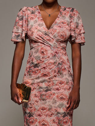 Angel Sleeve Mesh Bodycon Dress, Pink Abstract