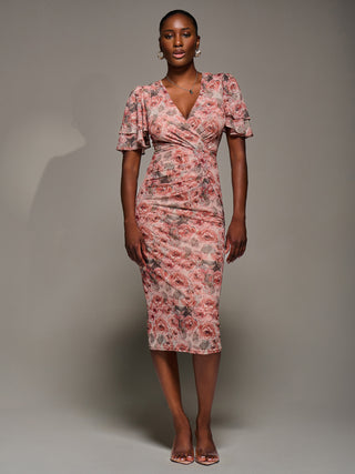 Angel Sleeve Mesh Bodycon Dress, Pink Abstract