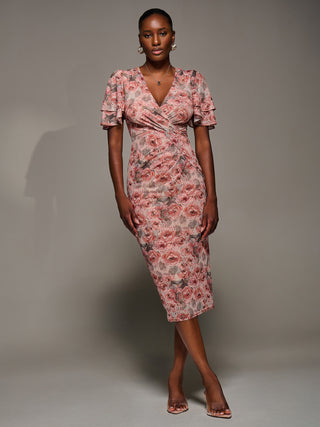 Angel Sleeve Mesh Bodycon Dress, Pink Abstract