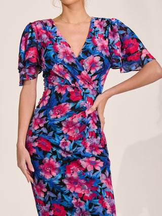 Angel Sleeve Mesh Bodycon Dress, Pink floral