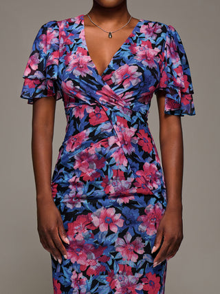 Angel Sleeve Mesh Bodycon Dress, Pink floral