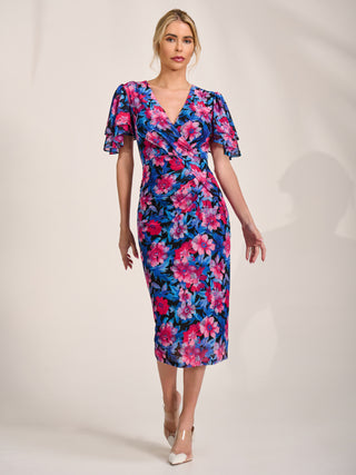 Angel Sleeve Mesh Bodycon Dress, Pink floral