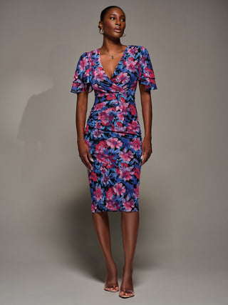 Angel Sleeve Mesh Bodycon Dress, Pink floral