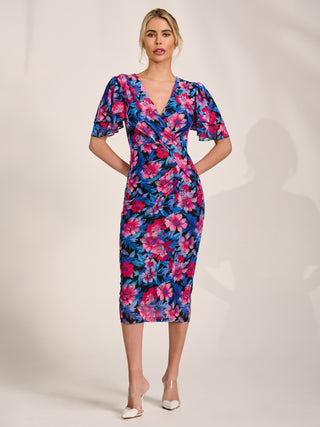 Angel Sleeve Mesh Bodycon Dress, Pink floral