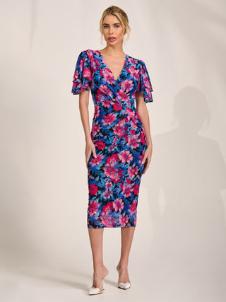 Angel Sleeve Mesh Bodycon Dress, Pink floral