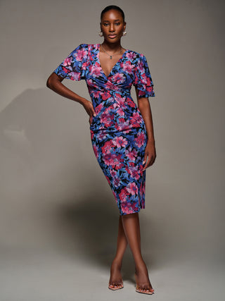 Angel Sleeve Mesh Bodycon Dress, Pink floral