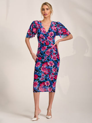 Angel Sleeve Mesh Bodycon Dress, Pink floral