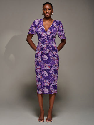 Angel Sleeve Mesh Bodycon Dress, Purple floral