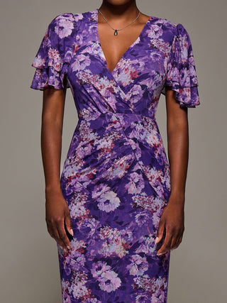Angel Sleeve Mesh Bodycon Dress, Purple floral
