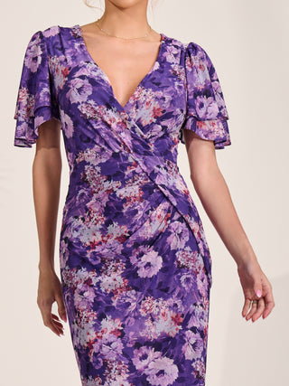 Angel Sleeve Mesh Bodycon Dress, Purple floral