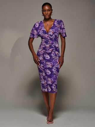 Angel Sleeve Mesh Bodycon Dress, Purple floral