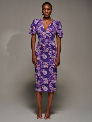 Angel Sleeve Mesh Bodycon Dress, Purple floral