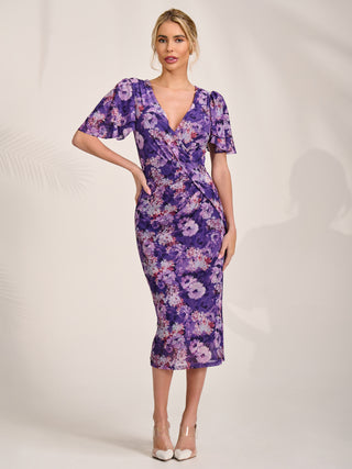 Angel Sleeve Mesh Bodycon Dress, Purple floral