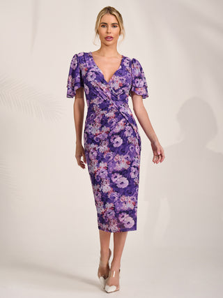 Angel Sleeve Mesh Bodycon Dress, Purple floral