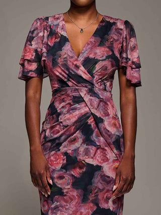 Angel Sleeve Mesh Bodycon Dress, Red floral