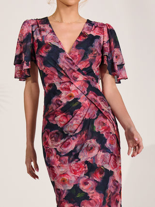 Angel Sleeve Mesh Bodycon Dress, Red floral