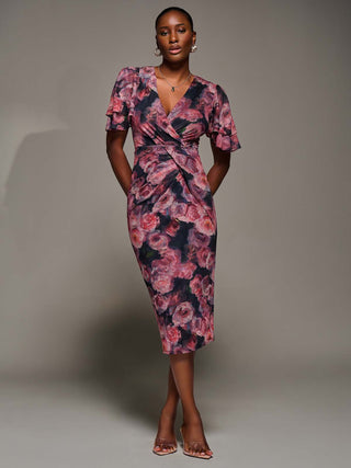 Angel Sleeve Mesh Bodycon Dress, Red floral