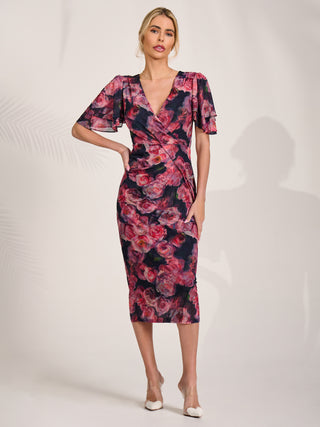 Angel Sleeve Mesh Bodycon Dress, Red floral