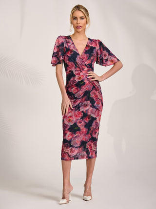 Angel Sleeve Mesh Bodycon Dress, Red floral