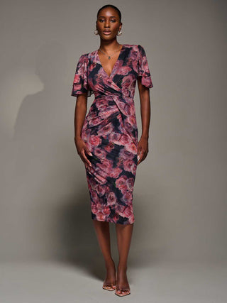 Angel Sleeve Mesh Bodycon Dress, Red floral