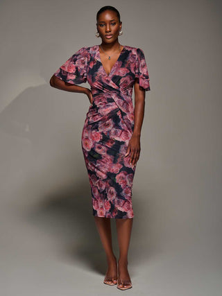 Angel Sleeve Mesh Bodycon Dress, Red floral