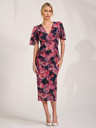 Angel Sleeve Mesh Bodycon Dress, Red floral