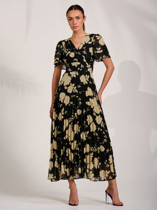 Chiffon Ruffle Sleeve Pleated Maxi Dress, Black Floral